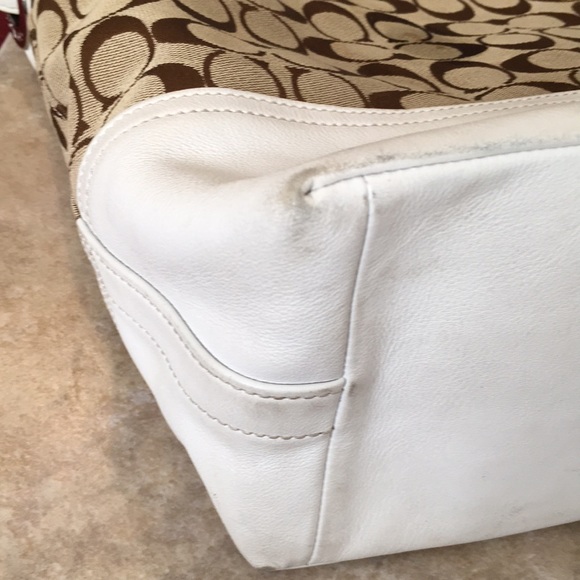 Coach Signature Slouchy Tote Signature Logo Canvas & Leather Khaki Bag purse - Picture 10 of 13